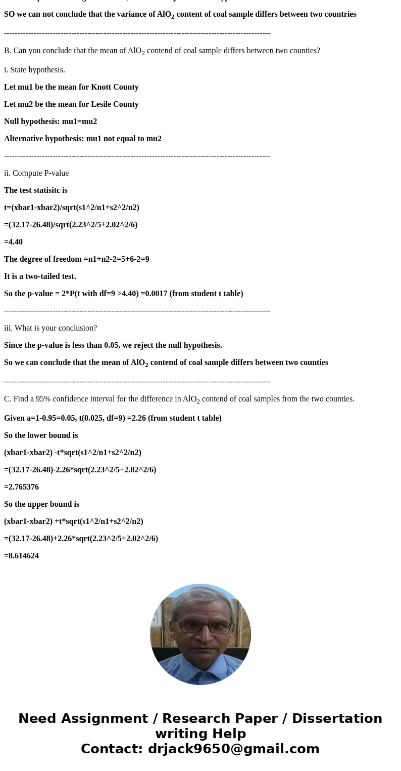 An article contains measurements on samples of coal from several counties from Kentucky. In units of percent ash, five samples from Knott County had an average  An article contains measurements on samples of coal from several counties from Kentucky. In units of percent ash, five samples from Knott County had an average