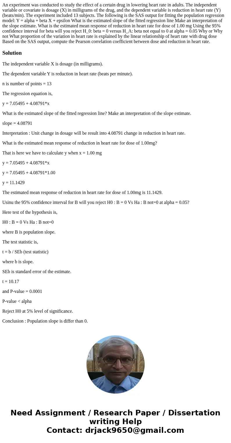 An experiment was conducted to study the effect of a certain drug in lowering heart rate in adults. The independent variable or covariate is dosage (X) in mill An experiment was conducted to study the effect of a certain drug in lowering heart rate in adults. The independent variable or covariate is dosage (X) in mill