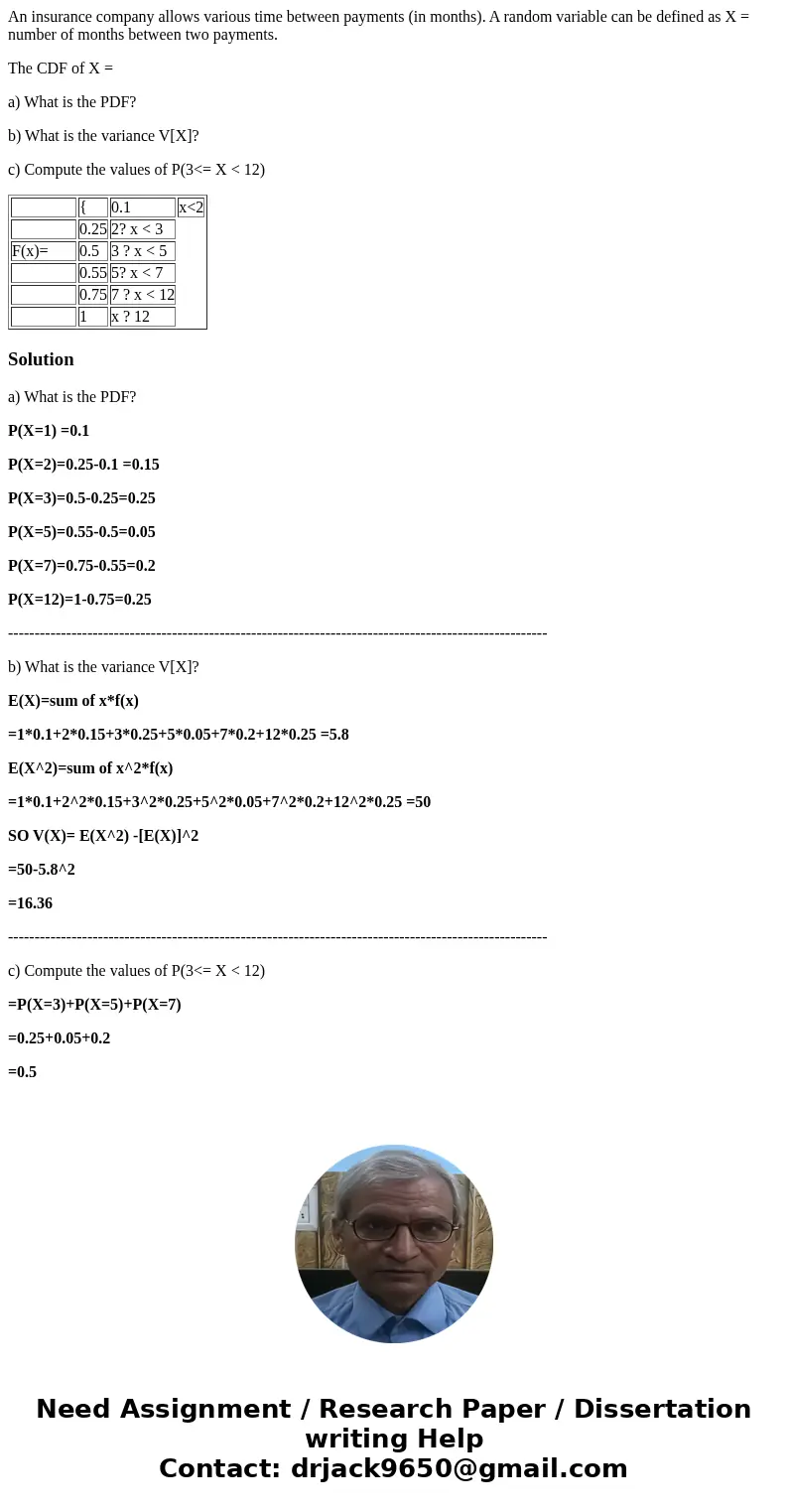 An insurance company allows various time between payments (in months). A random variable can be defined as X = number of months between two payments. The CDF of An insurance company allows various time between payments (in months). A random variable can be defined as X = number of months between two payments. The CDF of