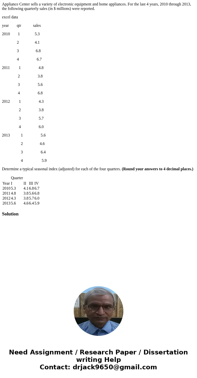 Appliance Center sells a variety of electronic equipment and home appliances. For the last 4 years, 2010 through 2013, the following quarterly sales (in $ milli