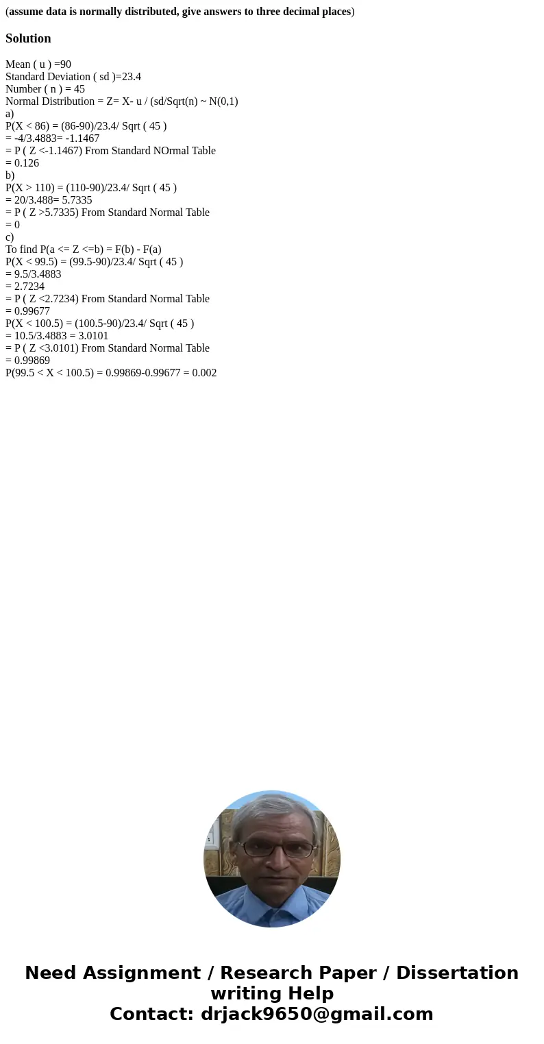 (assume data is normally distributed, give answers to three decimal places)SolutionMean ( u ) =90 Standard Deviation ( sd )=23.4 Number ( n ) = 45 Normal Distri