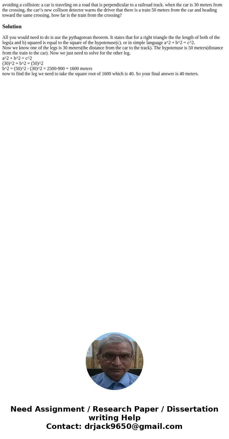 avoiding a collision: a car is traveling on a road that is perpendicular to a railroad track. when the car is 30 meters from the crossing, the car\'s new collis avoiding a collision: a car is traveling on a road that is perpendicular to a railroad track. when the car is 30 meters from the crossing, the car\'s new collis