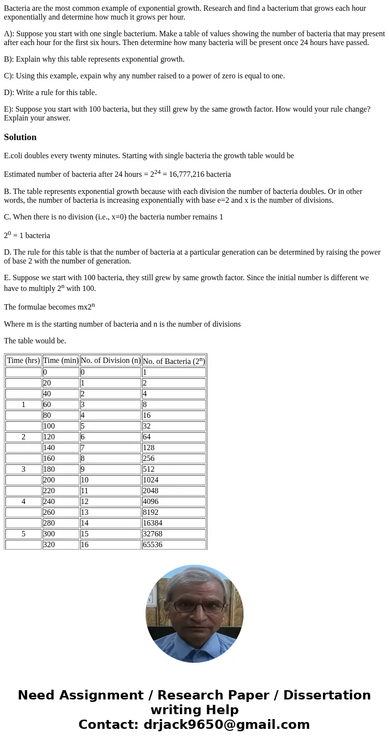 Bacteria are the most common example of exponential growth. Research and find a bacterium that grows each hour exponentially and determine how much it grows per Bacteria are the most common example of exponential growth. Research and find a bacterium that grows each hour exponentially and determine how much it grows per