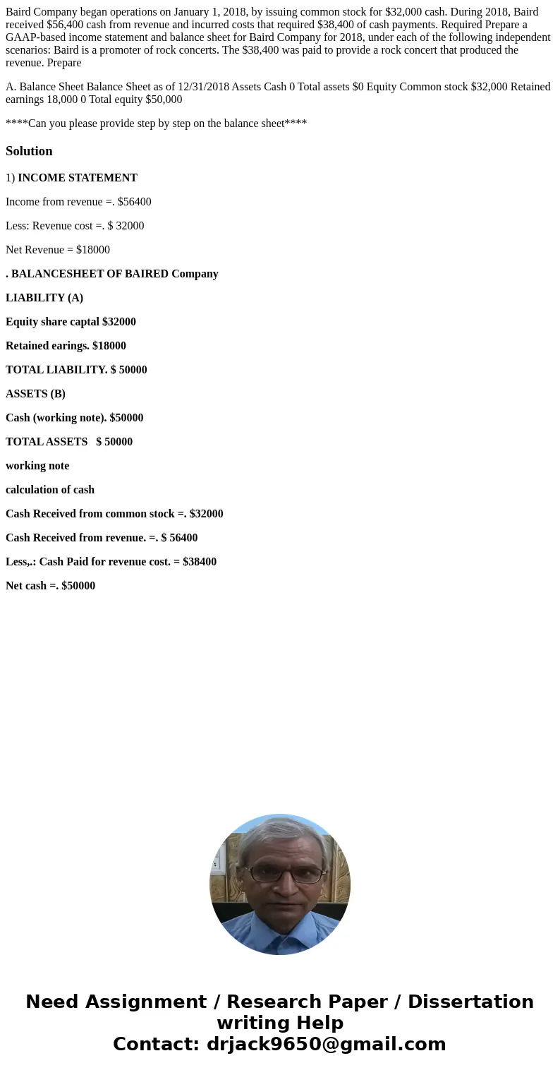 Baird Company began operations on January 1, 2018, by issuing common stock for $32,000 cash. During 2018, Baird received $56,400 cash from revenue and incurred  Baird Company began operations on January 1, 2018, by issuing common stock for $32,000 cash. During 2018, Baird received $56,400 cash from revenue and incurred