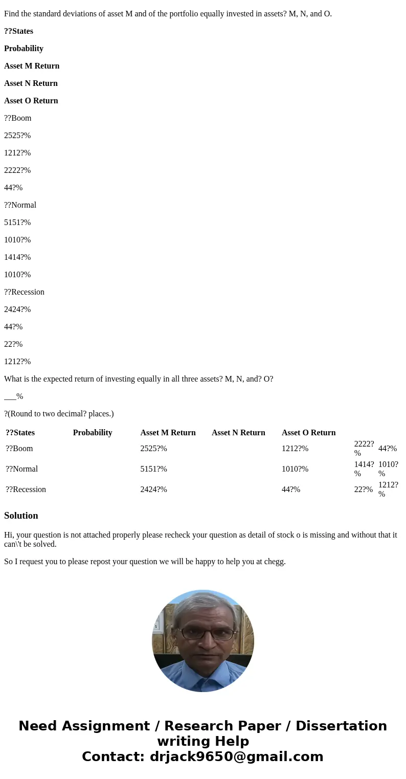 Benefits of diversification. Sally Rogers has decided to invest her wealth equally across the following three assets. What are her expected returns and the risk