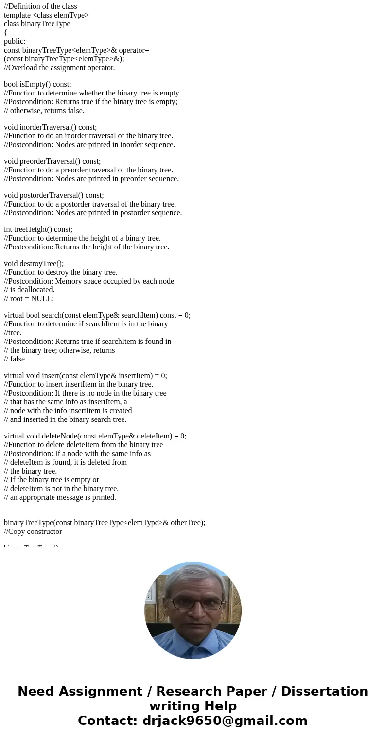 (C++) Add these three functions to the class binaryTreeType (provided below). Write the definition of the function, nodeCount, that returns the number of nodes  (C++) Add these three functions to the class binaryTreeType (provided below). Write the definition of the function, nodeCount, that returns the number of nodes