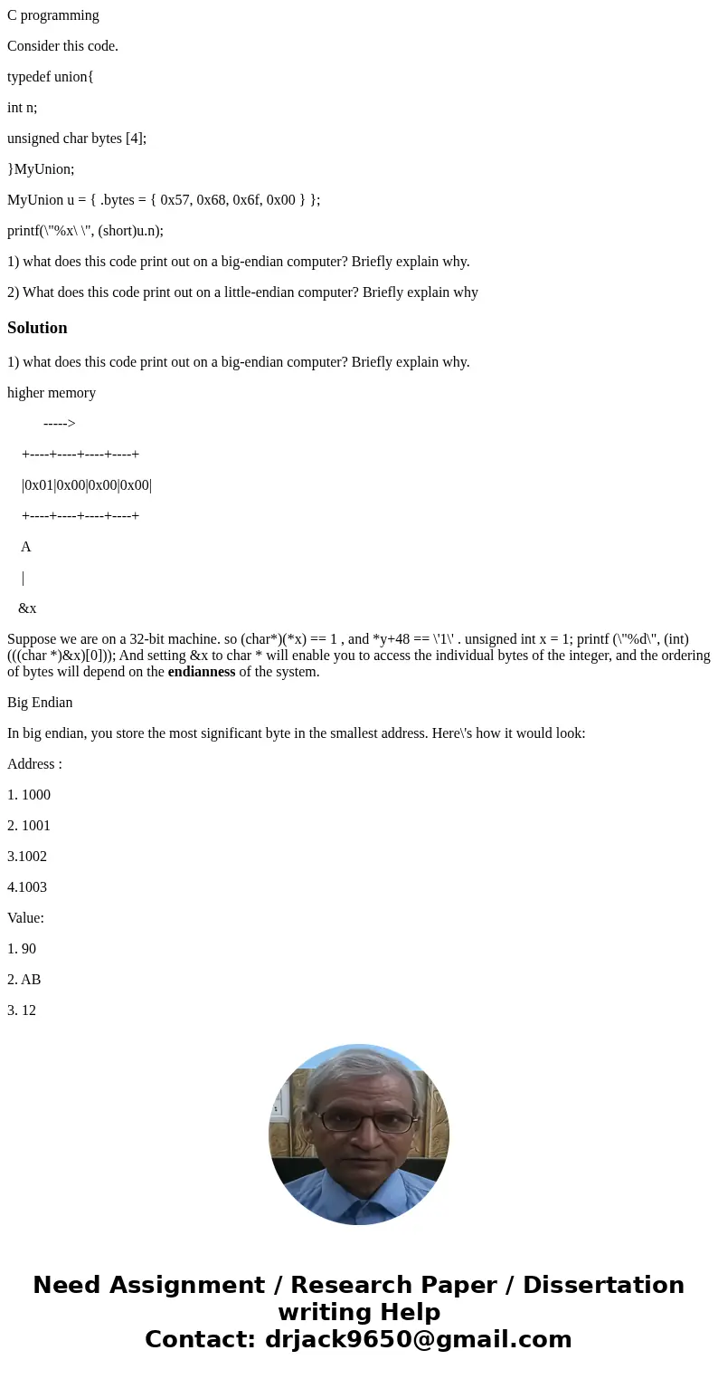 C programming Consider this code. typedef union{ int n; unsigned char bytes [4]; }MyUnion; MyUnion u = { .bytes = { 0x57, 0x68, 0x6f, 0x00 } }; printf(\