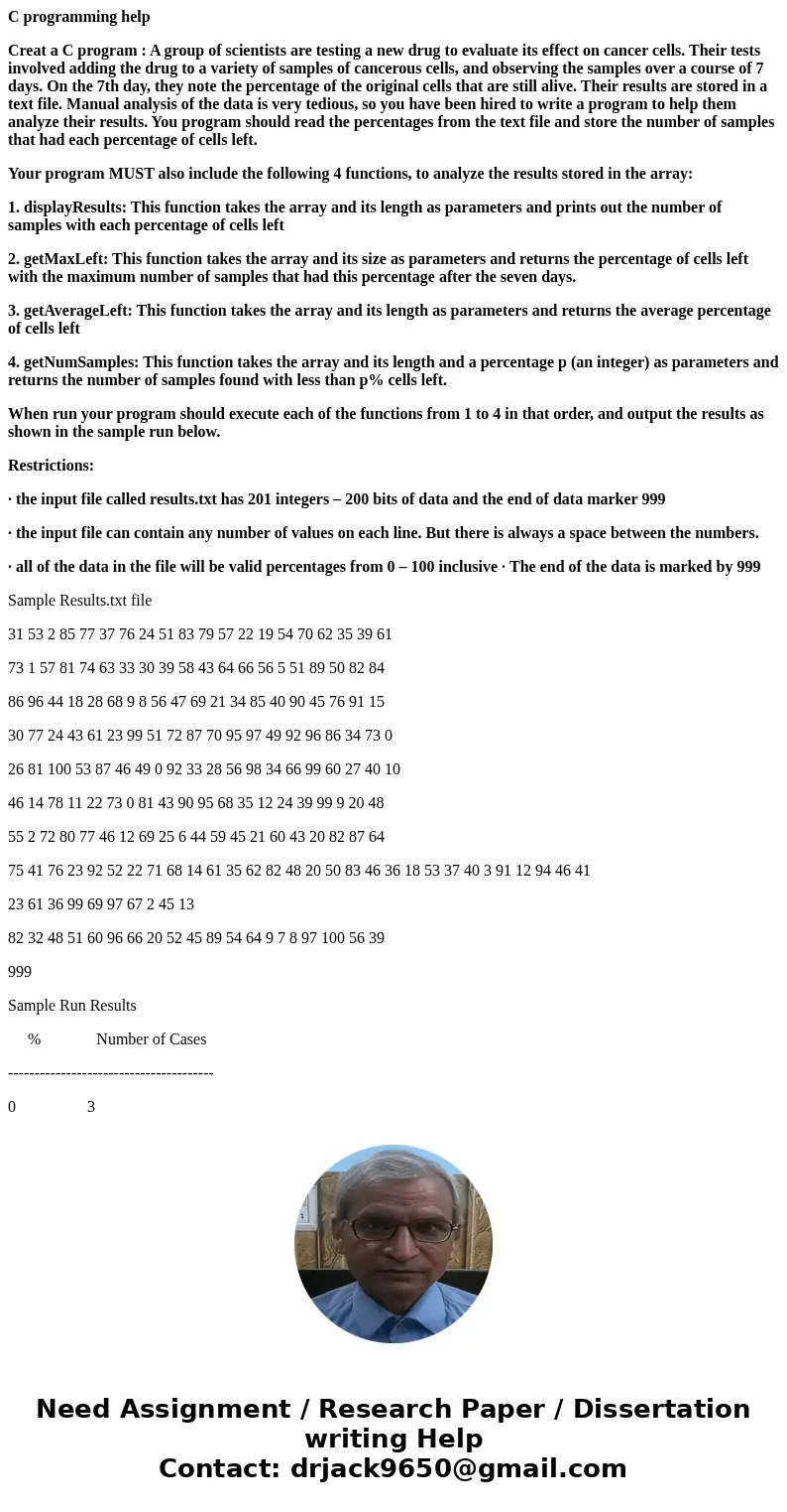 C programming help Creat a C program : A group of scientists are testing a new drug to evaluate its effect on cancer cells. Their tests involved adding the drug C programming help Creat a C program : A group of scientists are testing a new drug to evaluate its effect on cancer cells. Their tests involved adding the drug