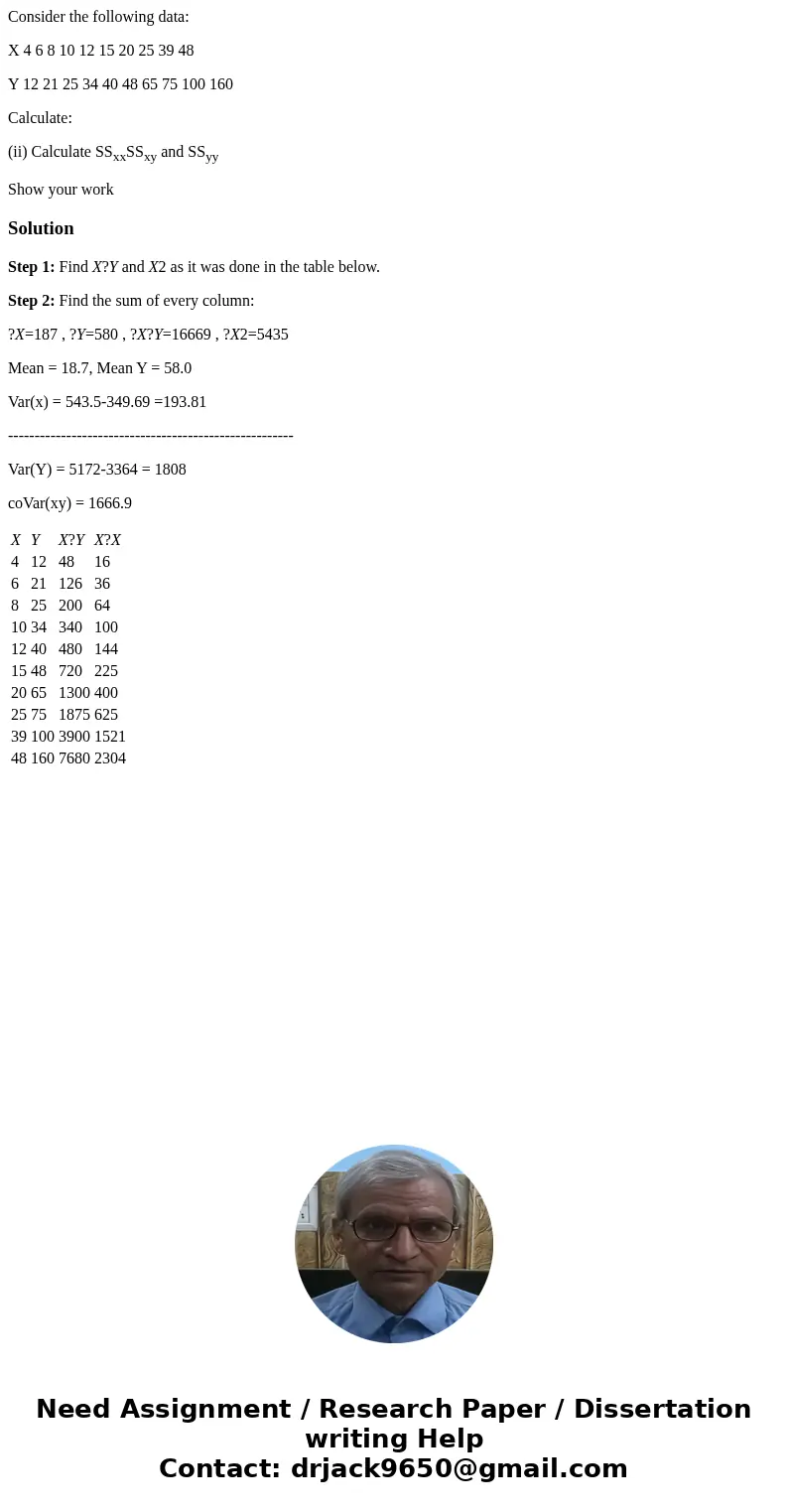 Consider the following data: X 4 6 8 10 12 15 20 25 39 48 Y 12 21 25 34 40 48 65 75 100 160 Calculate: (ii) Calculate SSxxSSxy and SSyy Show your workSolutionSt Consider the following data: X 4 6 8 10 12 15 20 25 39 48 Y 12 21 25 34 40 48 65 75 100 160 Calculate: (ii) Calculate SSxxSSxy and SSyy Show your workSolutionSt