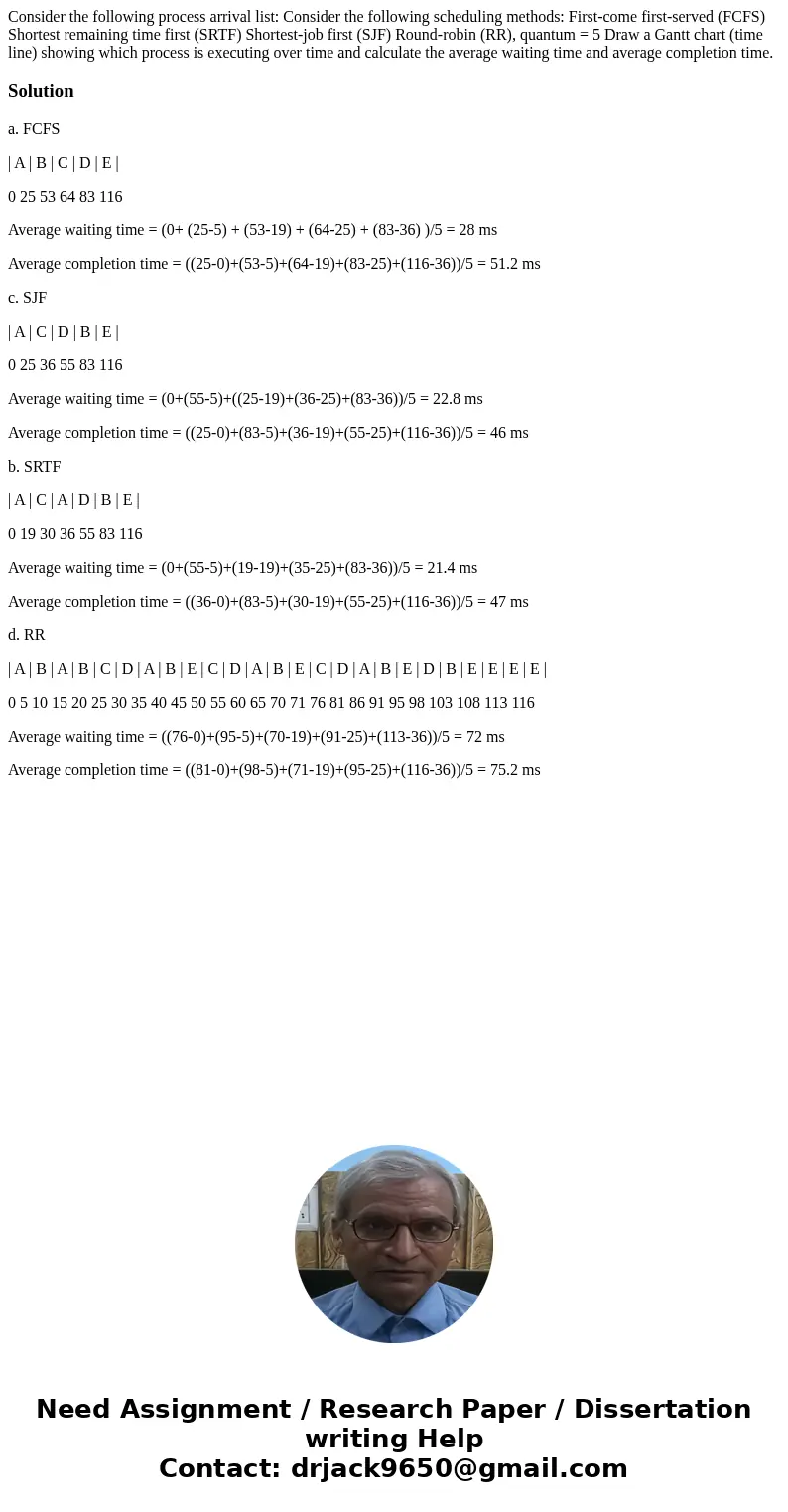 Consider the following process arrival list: Consider the following scheduling methods: First-come first-served (FCFS) Shortest remaining time first (SRTF) Sho Consider the following process arrival list: Consider the following scheduling methods: First-come first-served (FCFS) Shortest remaining time first (SRTF) Sho