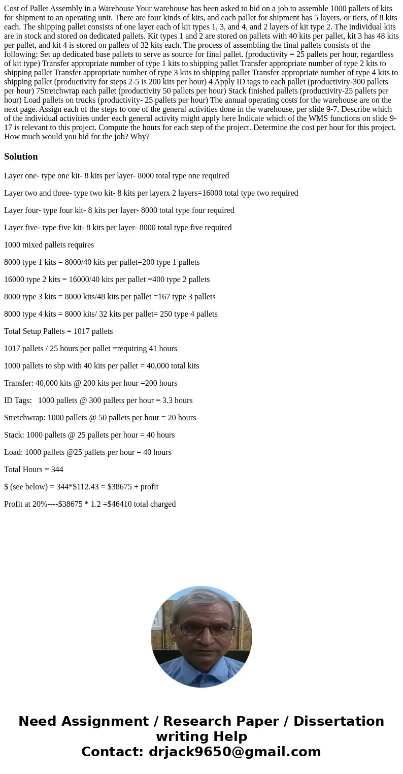  Cost of Pallet Assembly in a Warehouse Your warehouse has been asked to bid on a job to assemble 1000 pallets of kits for shipment to an operating unit. There 
