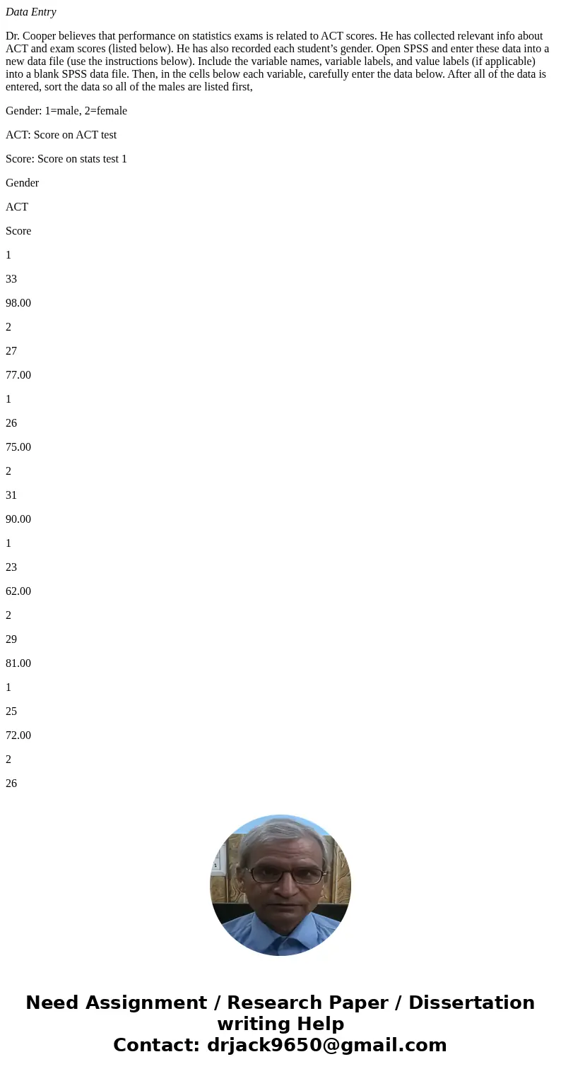 Data Entry Dr. Cooper believes that performance on statistics exams is related to ACT scores. He has collected relevant info about ACT and exam scores (listed b Data Entry Dr. Cooper believes that performance on statistics exams is related to ACT scores. He has collected relevant info about ACT and exam scores (listed b
