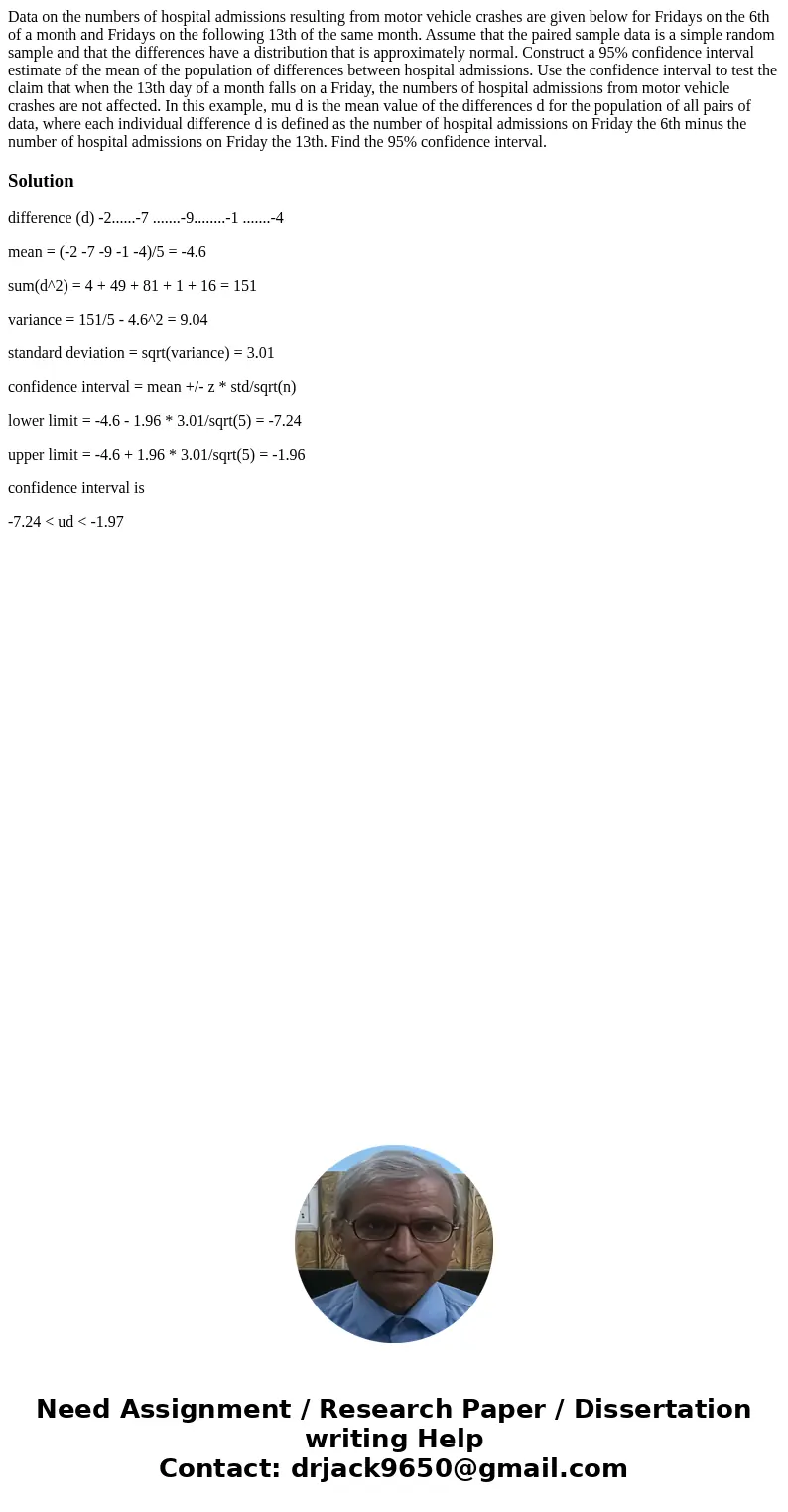 Data on the numbers of hospital admissions resulting from motor vehicle crashes are given below for Fridays on the 6th of a month and Fridays on the following   Data on the numbers of hospital admissions resulting from motor vehicle crashes are given below for Fridays on the 6th of a month and Fridays on the following