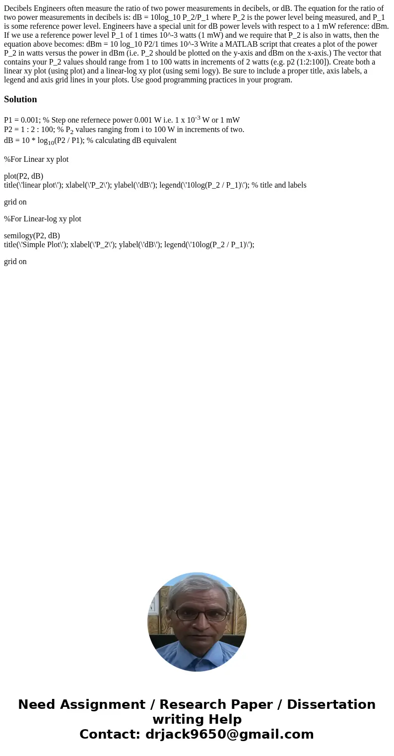  Decibels Engineers often measure the ratio of two power measurements in decibels, or dB. The equation for the ratio of two power measurements in decibels is: d