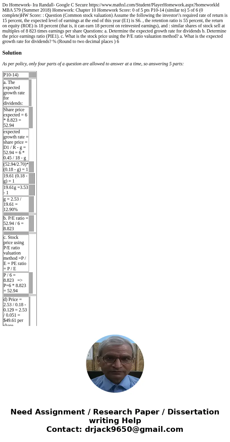  Do Homework- Ira Randall- Google C Secure https://www.mathxl.com/Student/PlayerHomework.aspx?homeworkld MBA 579 (Summer 2018) Homework: Chapter 10 Homework Sco