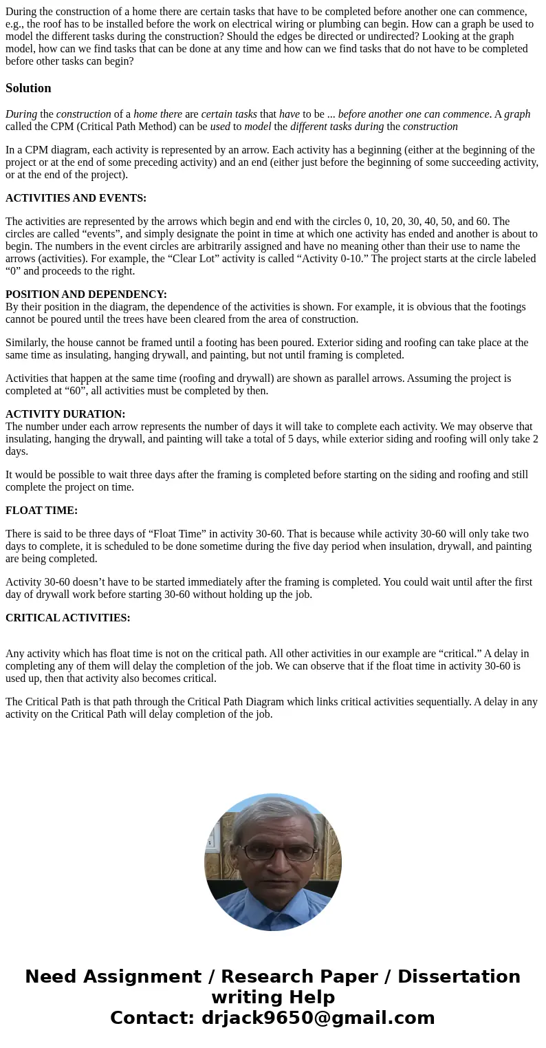 During the construction of a home there are certain tasks that have to be completed before another one can commence, e.g., the roof has to be installed before t During the construction of a home there are certain tasks that have to be completed before another one can commence, e.g., the roof has to be installed before t