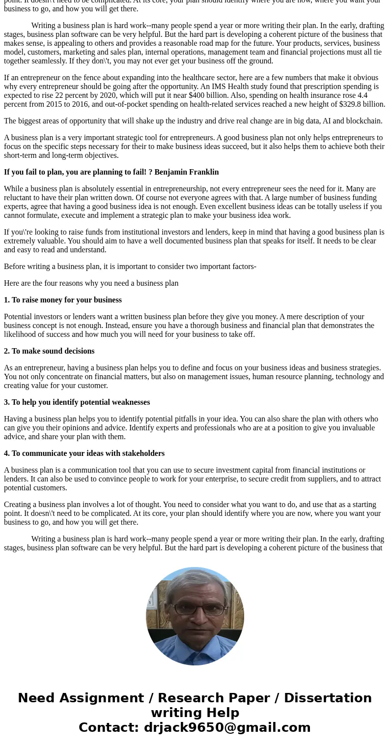 Entrepreneurial Opportunities in the Healthcare Industry f • Why do you think a written business plan is important? • Describe a possible negative result of pro Entrepreneurial Opportunities in the Healthcare Industry f • Why do you think a written business plan is important? • Describe a possible negative result of pro