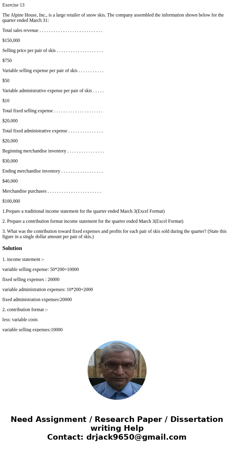 Exercise 13 The Alpine House, Inc., is a large retailer of snow skis. The company assembled the information shown below for the quarter ended March 31: Total sa