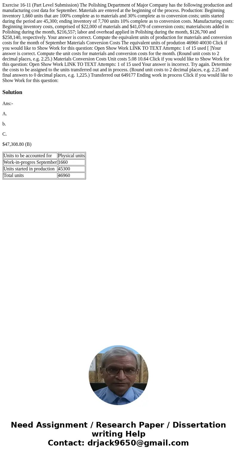 Exercise 16-11 (Part Level Submission) The Polishing Department of Major Company has the following production and manufacturing cost data for September. Materi  Exercise 16-11 (Part Level Submission) The Polishing Department of Major Company has the following production and manufacturing cost data for September. Materi