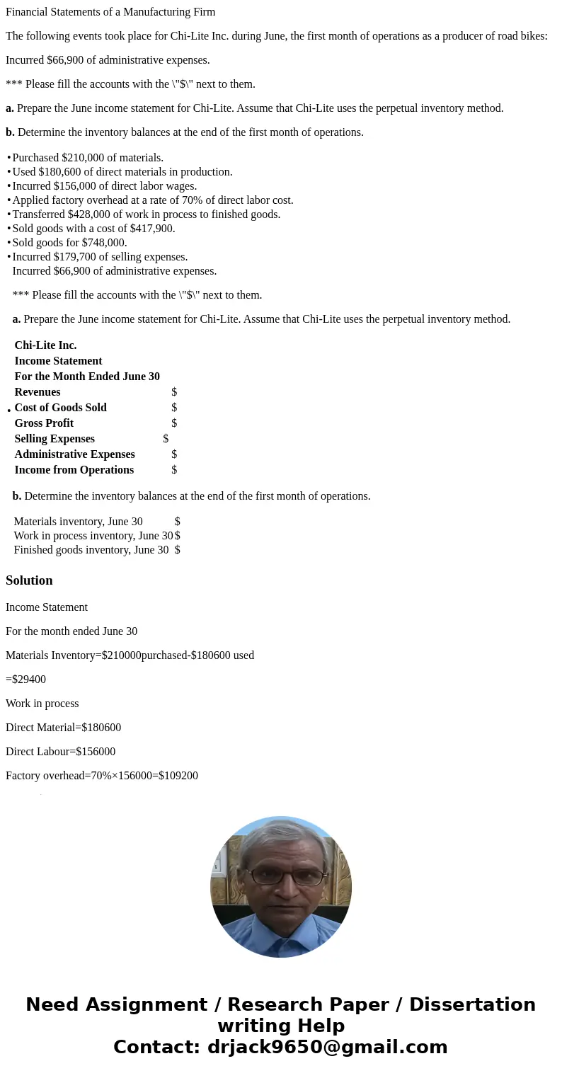 Financial Statements of a Manufacturing Firm The following events took place for Chi-Lite Inc. during June, the first month of operations as a producer of road 