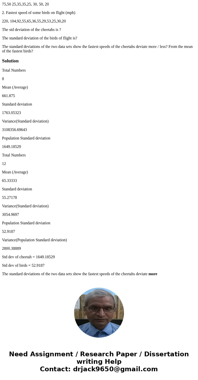 : Find the standard deviation for each data set. Use standard deviations from eac set to compare the data sets. 1. Fastest times of cheetahs(mph) 75,50 25,35,35 : Find the standard deviation for each data set. Use standard deviations from eac set to compare the data sets. 1. Fastest times of cheetahs(mph) 75,50 25,35,35