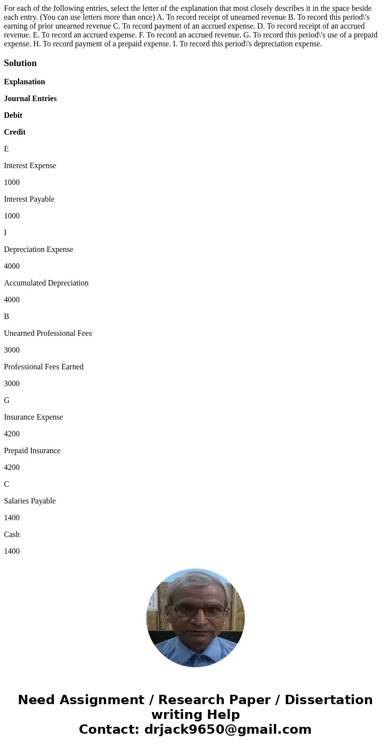 For each of the following entries, select the letter of the explanation that most closely describes it in the space beside each entry. (You can use letters mor  For each of the following entries, select the letter of the explanation that most closely describes it in the space beside each entry. (You can use letters mor