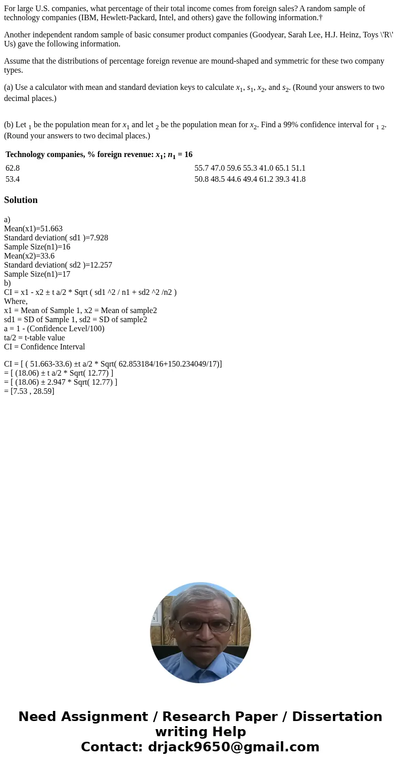 For large U.S. companies, what percentage of their total income comes from foreign sales? A random sample of technology companies (IBM, Hewlett-Packard, Intel, 