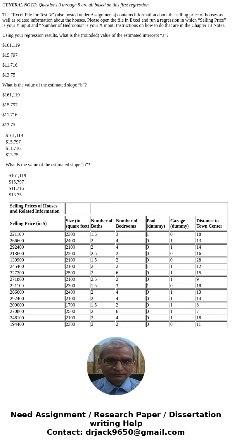 GENERAL NOTE: Questions 3 through 5 are all based on this first regression. The “Excel File for Test 3\