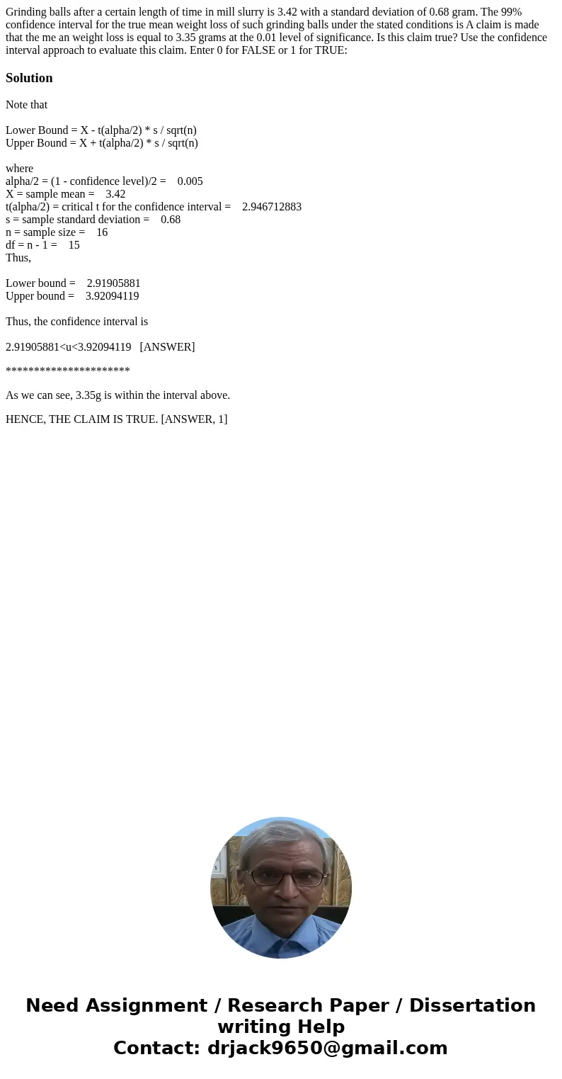 Grinding balls after a certain length of time in mill slurry is 3.42 with a standard deviation of 0.68 gram. The 99% confidence interval for the true mean weig  Grinding balls after a certain length of time in mill slurry is 3.42 with a standard deviation of 0.68 gram. The 99% confidence interval for the true mean weig