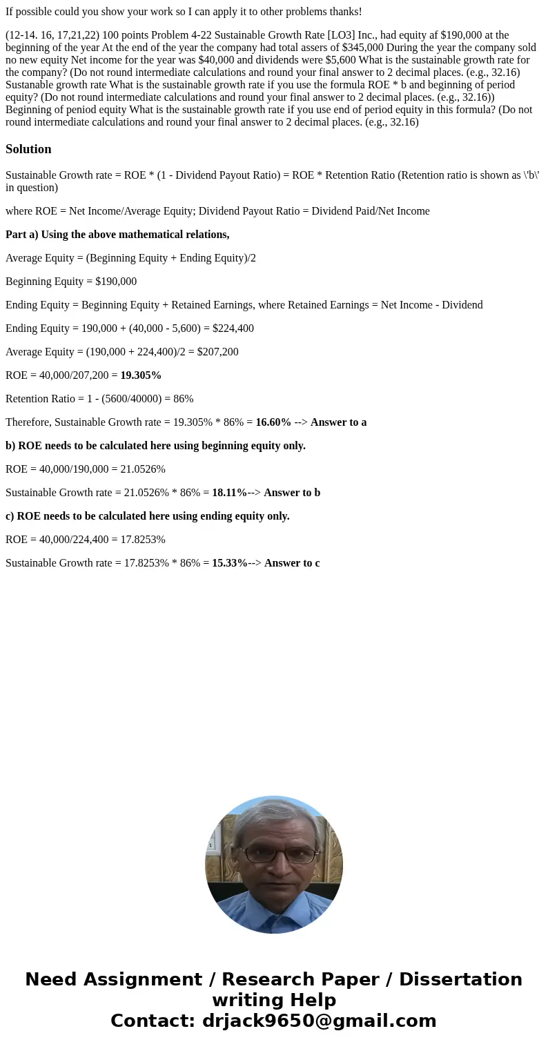  If possible could you show your work so I can apply it to other problems thanks! (12-14. 16, 17,21,22) 100 points Problem 4-22 Sustainable Growth Rate [LO3] In