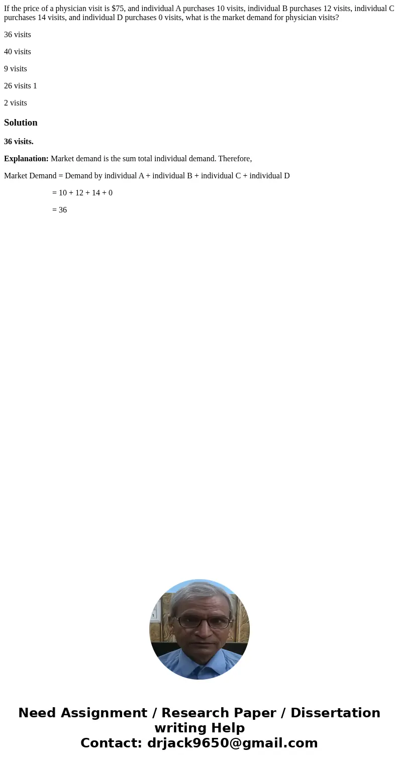 If the price of a physician visit is $75, and individual A purchases 10 visits, individual B purchases 12 visits, individual C purchases 14 visits, and individu If the price of a physician visit is $75, and individual A purchases 10 visits, individual B purchases 12 visits, individual C purchases 14 visits, and individu