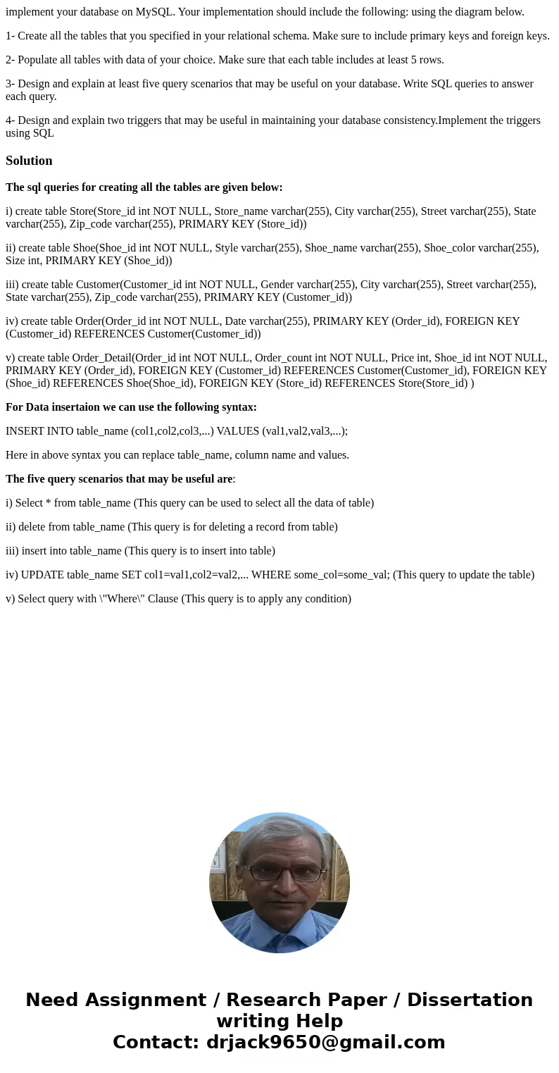 implement your database on MySQL. Your implementation should include the following: using the diagram below. 1- Create all the tables that you specified in your implement your database on MySQL. Your implementation should include the following: using the diagram below. 1- Create all the tables that you specified in your