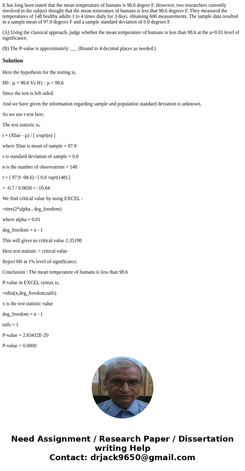 It has long been stated that the mean temperature of humans is 98.6 degree F. However, two researchers currently involved in the subject thought that the mean t