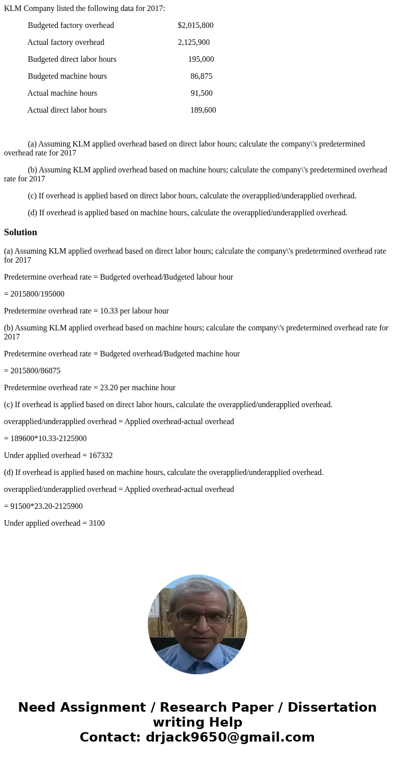 KLM Company listed the following data for 2017: Budgeted factory overhead $2,015,800 Actual factory overhead 2,125,900 Budgeted direct labor hours 195,000 Budge KLM Company listed the following data for 2017: Budgeted factory overhead $2,015,800 Actual factory overhead 2,125,900 Budgeted direct labor hours 195,000 Budge