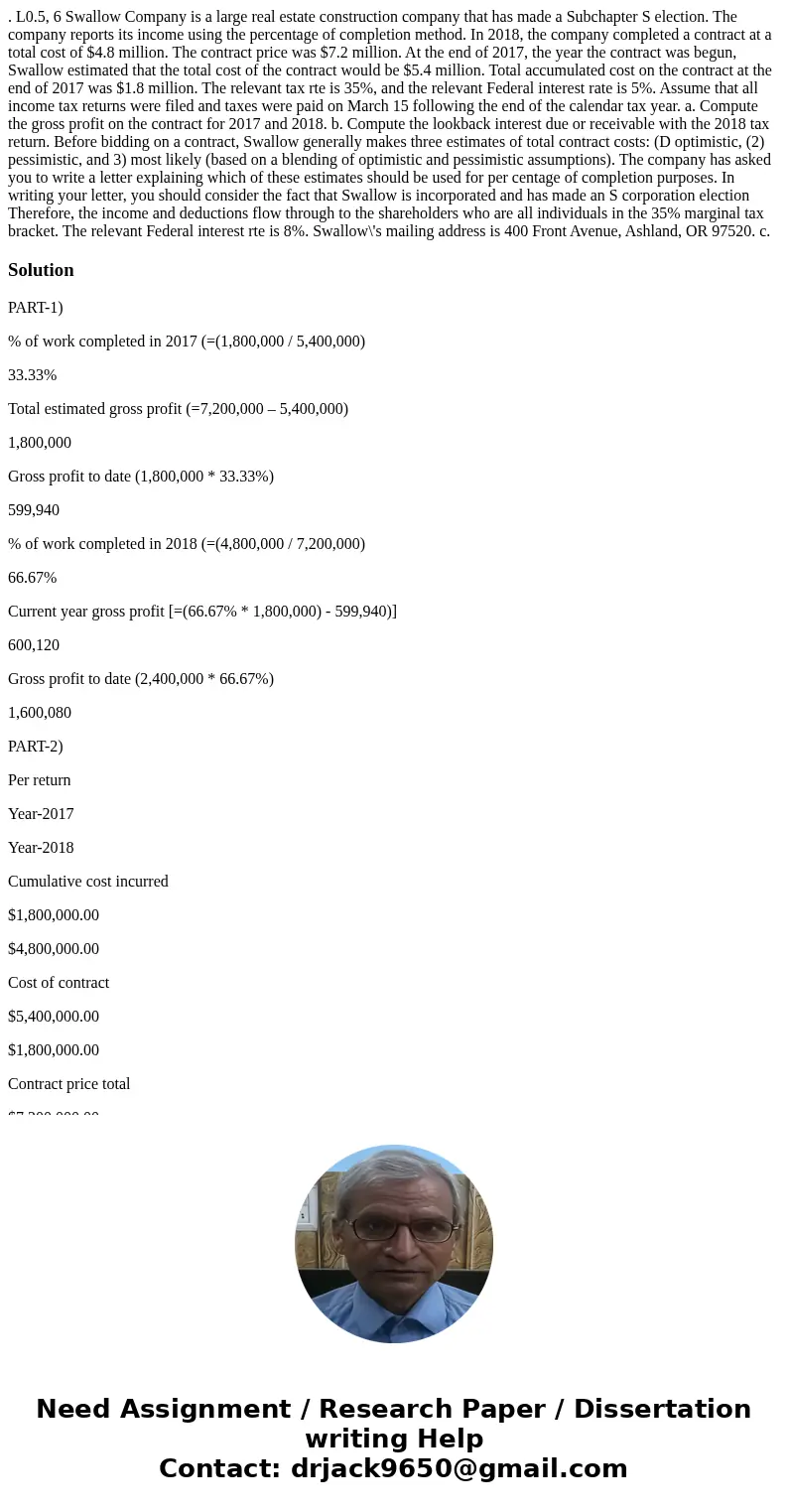 . L0.5, 6 Swallow Company is a large real estate construction company that has made a Subchapter S election. The company reports its income using the percentag  . L0.5, 6 Swallow Company is a large real estate construction company that has made a Subchapter S election. The company reports its income using the percentag