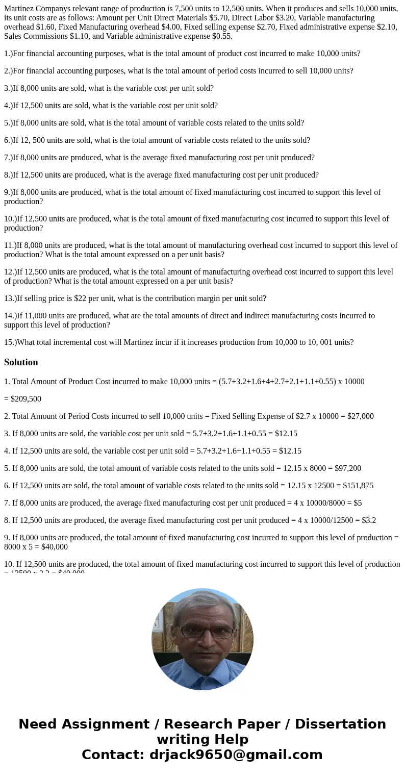Martinez Companys relevant range of production is 7,500 units to 12,500 units. When it produces and sells 10,000 units, its unit costs are as follows: Amount pe Martinez Companys relevant range of production is 7,500 units to 12,500 units. When it produces and sells 10,000 units, its unit costs are as follows: Amount pe