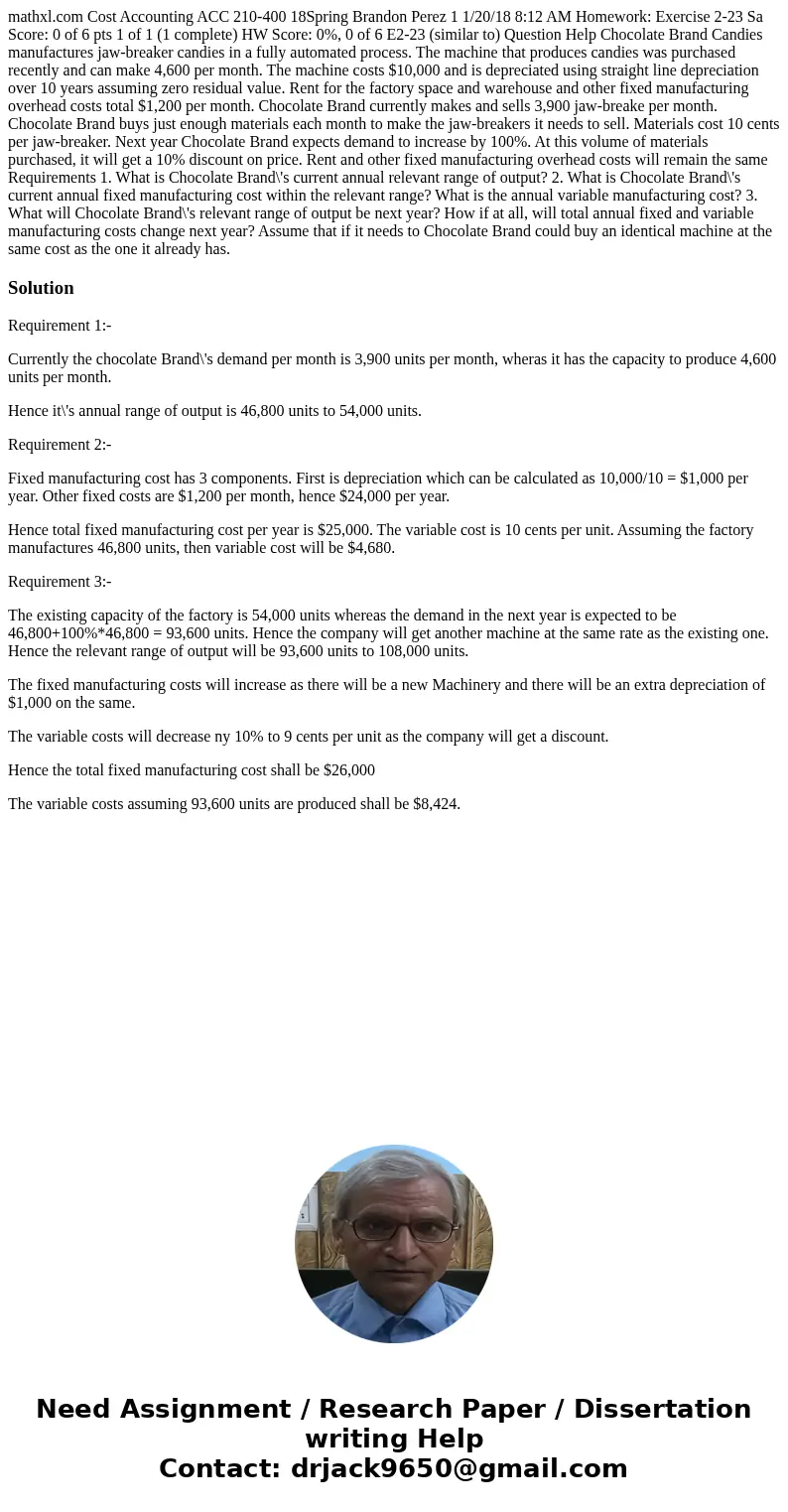  mathxl.com Cost Accounting ACC 210-400 18Spring Brandon Perez 1 1/20/18 8:12 AM Homework: Exercise 2-23 Sa Score: 0 of 6 pts 1 of 1 (1 complete) HW Score: 0%, 