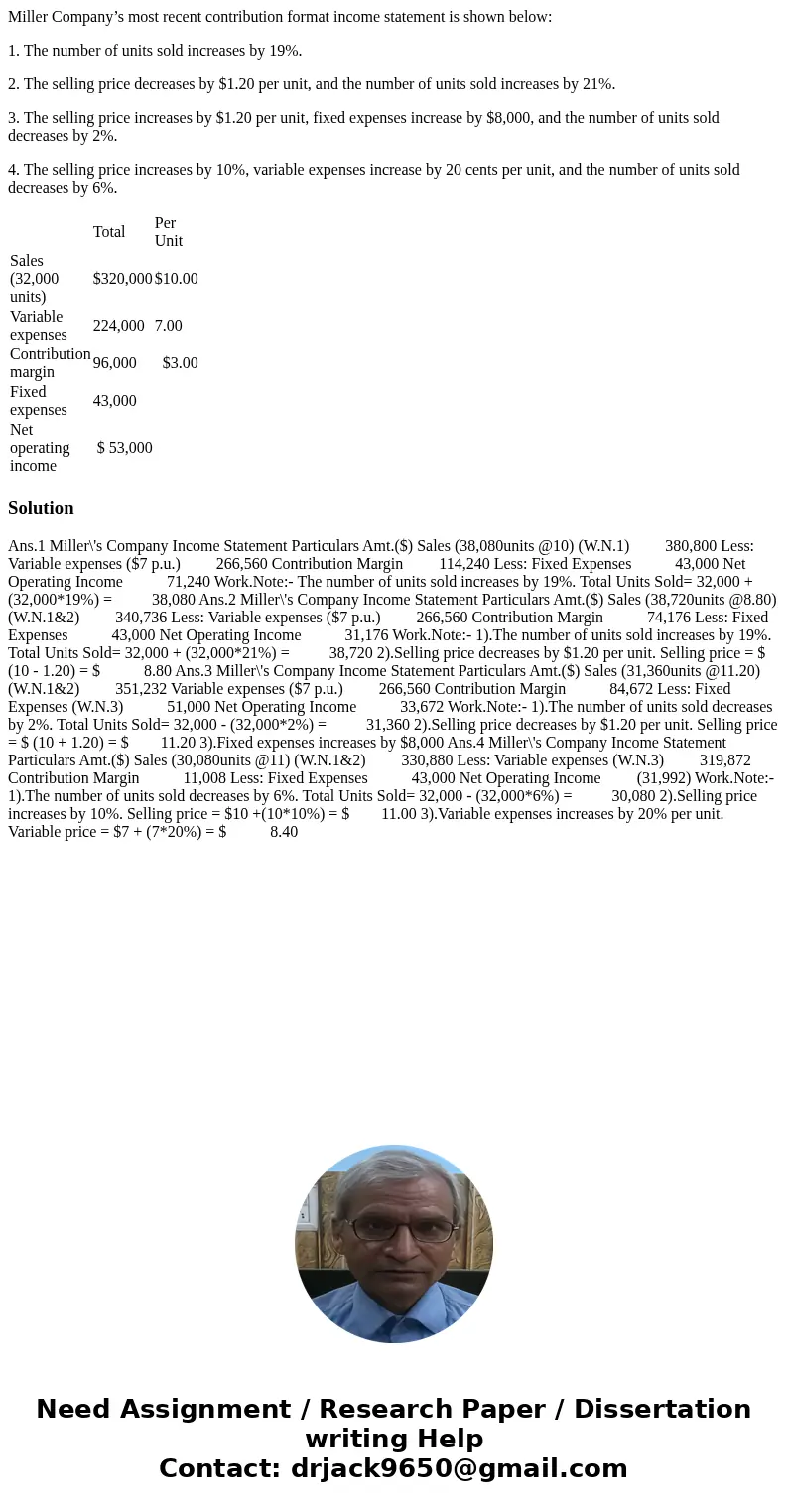 Miller Company’s most recent contribution format income statement is shown below: 1. The number of units sold increases by 19%. 2. The selling price decreases b