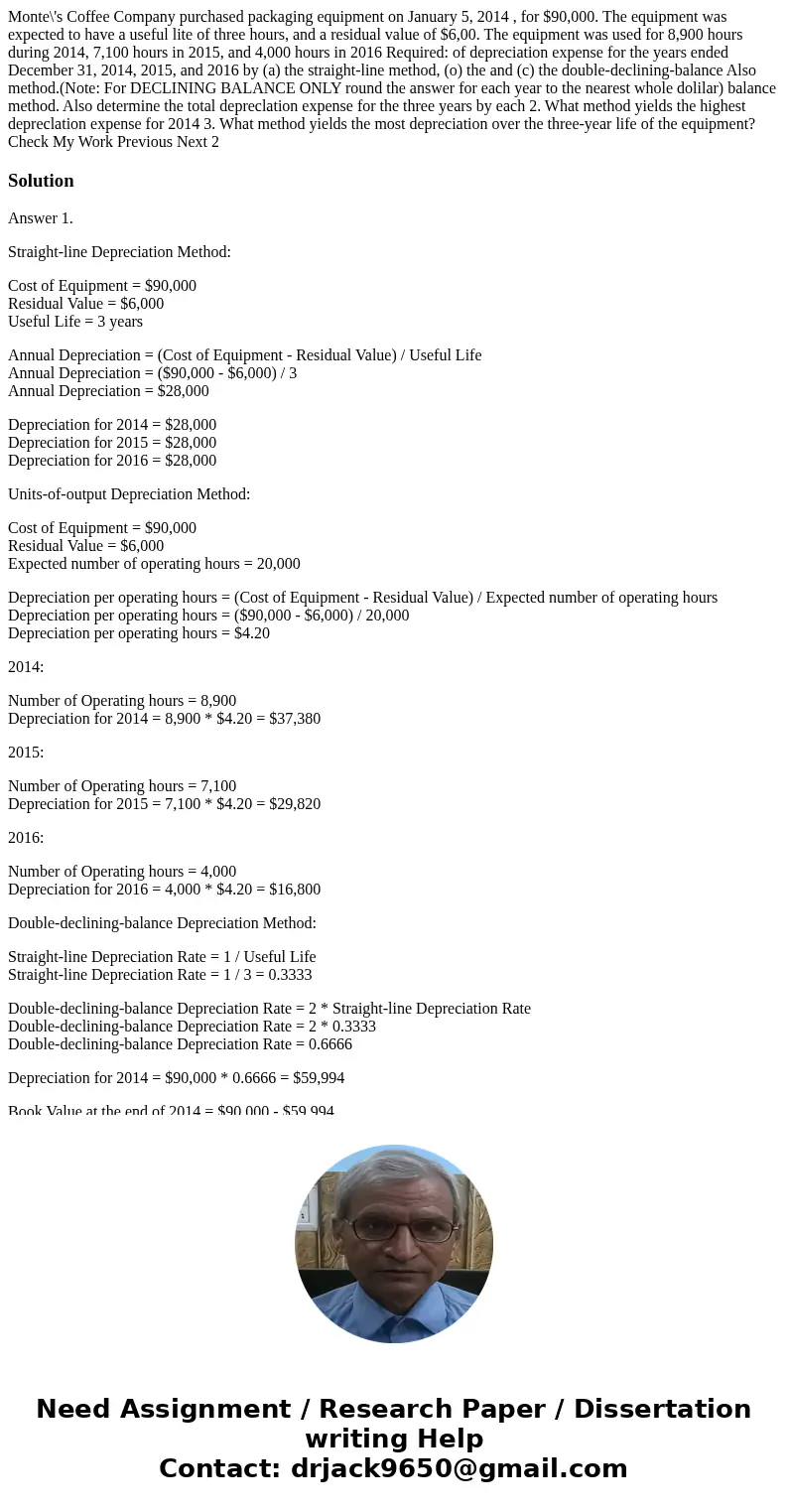 Monte\'s Coffee Company purchased packaging equipment on January 5, 2014 , for $90,000. The equipment was expected to have a useful lite of three hours, and a   Monte\'s Coffee Company purchased packaging equipment on January 5, 2014 , for $90,000. The equipment was expected to have a useful lite of three hours, and a