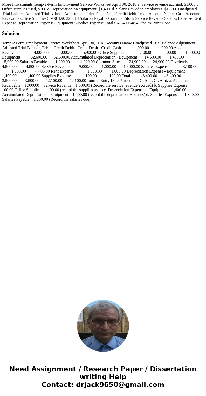  More Info stments Temp-2-Perm Employment Service Worksheet April 30, 2018 a. Service revenue accrued, $1,000 b. Office supplies used, $100 c. Depreciation on e