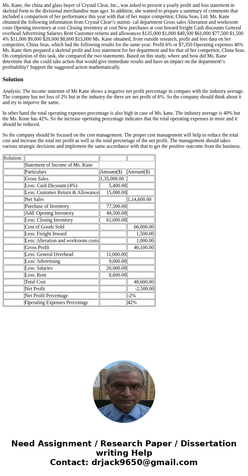  Ms. Kane, the china and glass buyer of Crystal Clear, Inc., was asked to present a yearly profit and loss statement in skeletal form to the divisional merchand