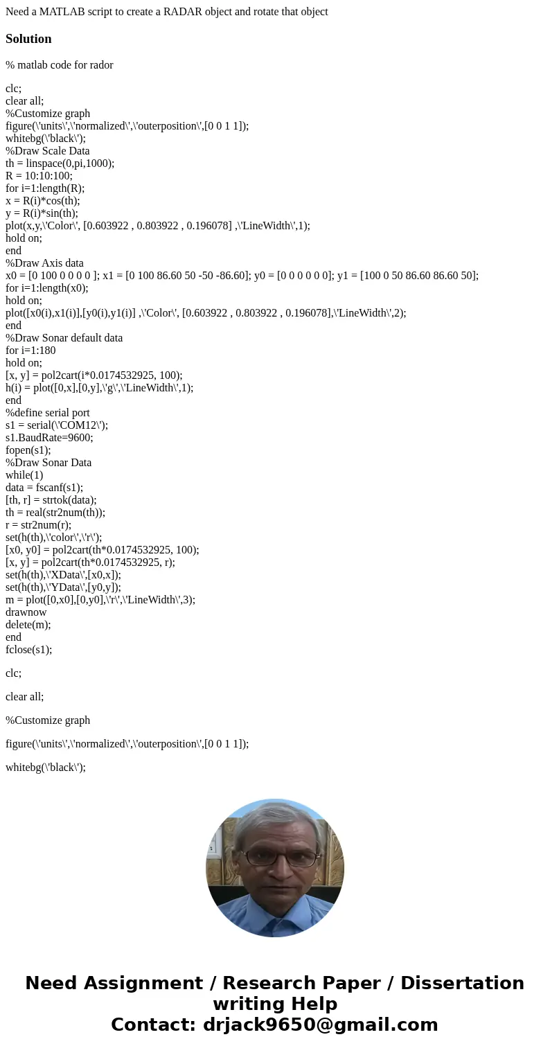 Need a MATLAB script to create a RADAR object and rotate that objectSolution% matlab code for rador clc; clear all; %Customize graph figure(\'units\',\'normaliz Need a MATLAB script to create a RADAR object and rotate that objectSolution% matlab code for rador clc; clear all; %Customize graph figure(\'units\',\'normaliz