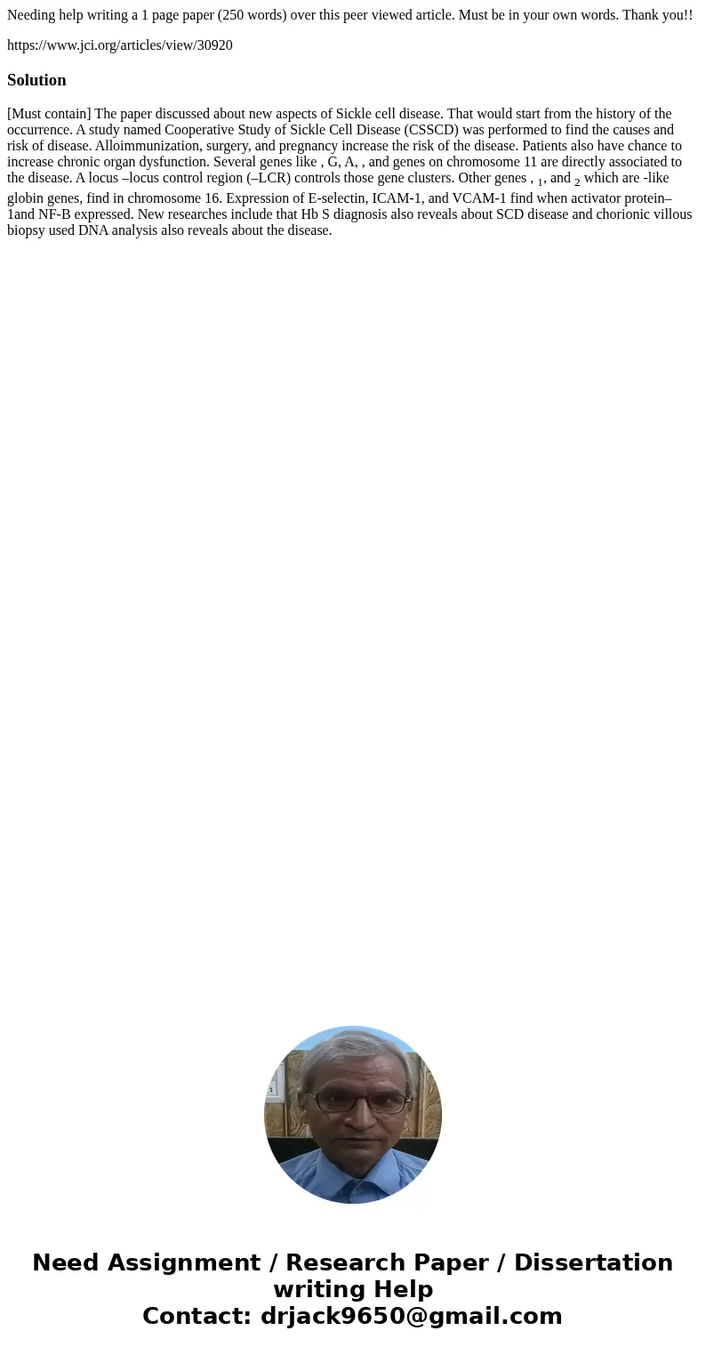 Needing help writing a 1 page paper (250 words) over this peer viewed article. Must be in your own words. Thank you!! https://www.jci.org/articles/view/30920Sol