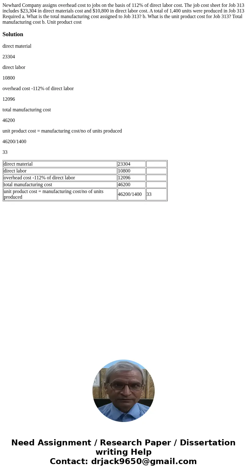 Newhard Company assigns overhead cost to jobs on the basis of 112% of direct labor cost. The job cost sheet for Job 313 includes $23,304 in direct materials co  Newhard Company assigns overhead cost to jobs on the basis of 112% of direct labor cost. The job cost sheet for Job 313 includes $23,304 in direct materials co