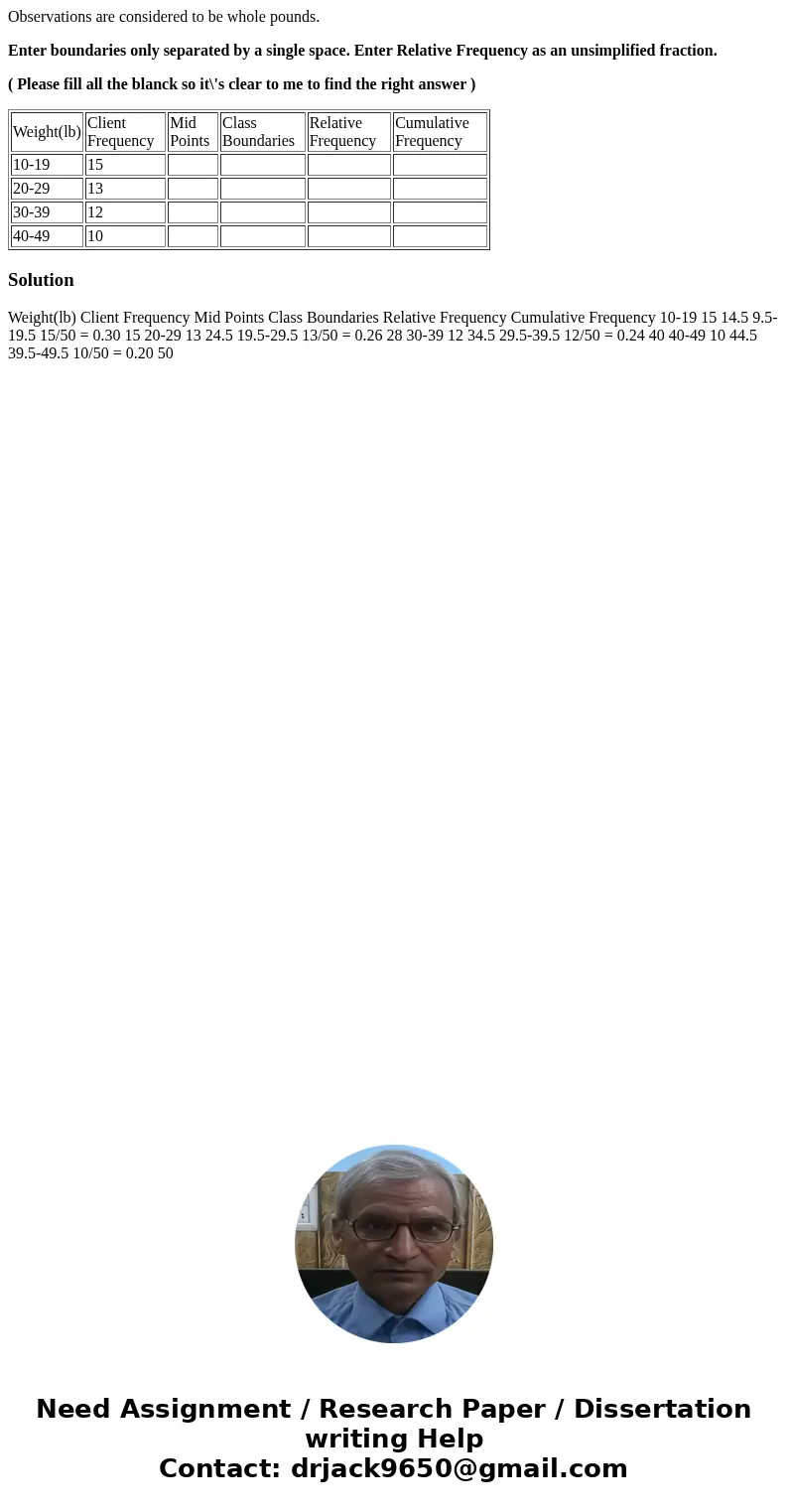 Observations are considered to be whole pounds. Enter boundaries only separated by a single space. Enter Relative Frequency as an unsimplified fraction. ( Pleas Observations are considered to be whole pounds. Enter boundaries only separated by a single space. Enter Relative Frequency as an unsimplified fraction. ( Pleas