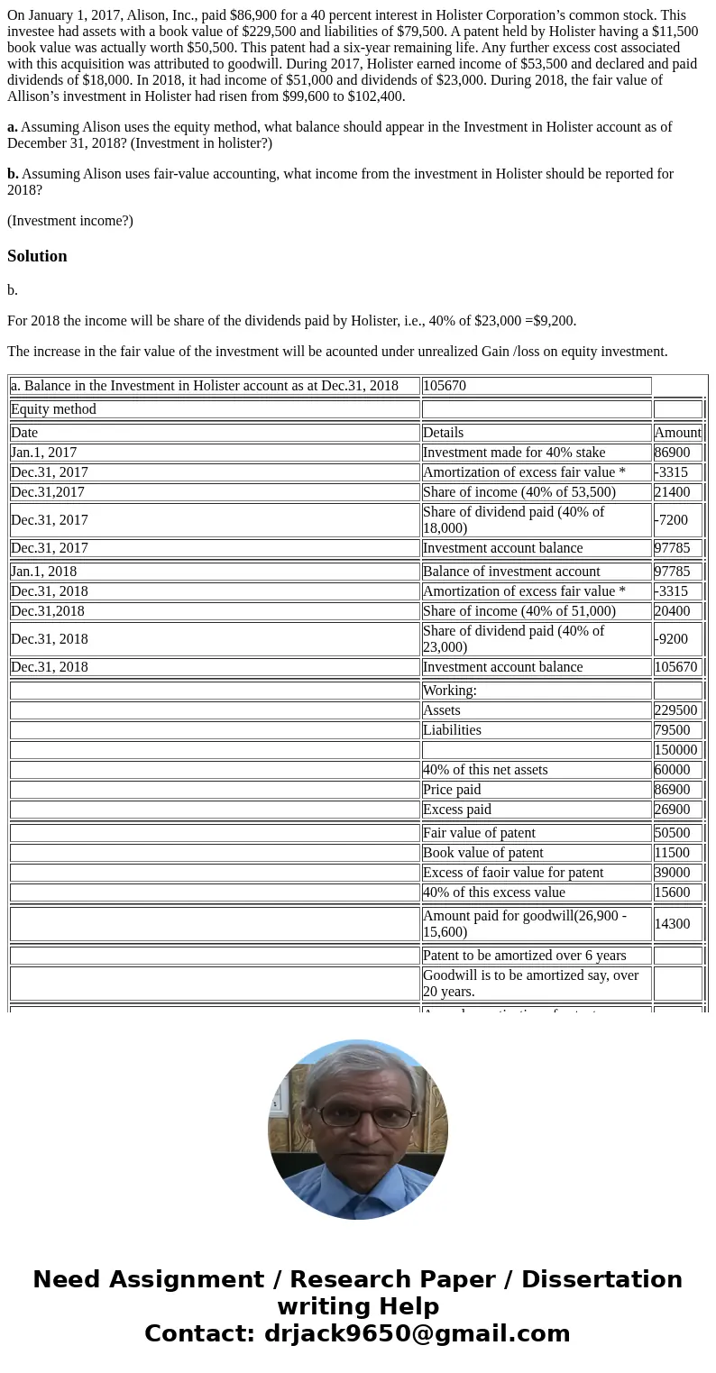 On January 1, 2017, Alison, Inc., paid $86,900 for a 40 percent interest in Holister Corporation’s common stock. This investee had assets with a book value of $