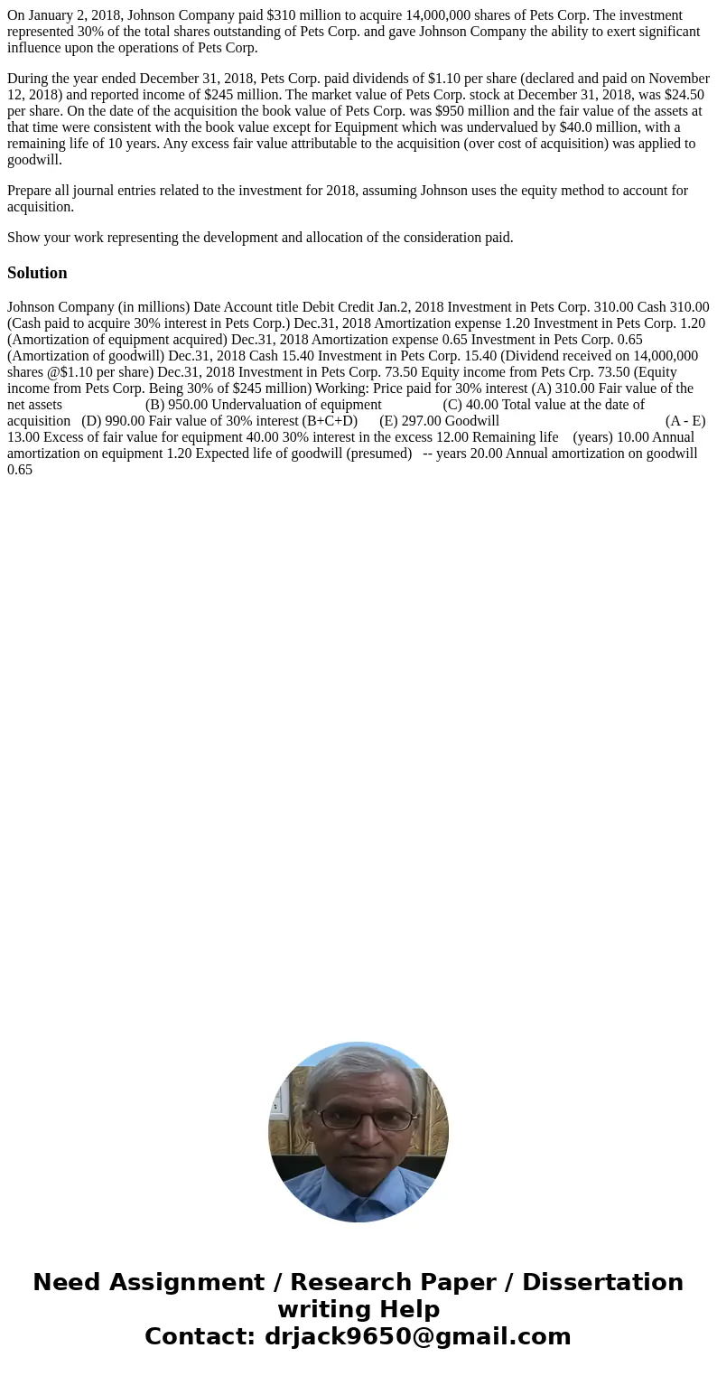 On January 2, 2018, Johnson Company paid $310 million to acquire 14,000,000 shares of Pets Corp. The investment represented 30% of the total shares outstanding  On January 2, 2018, Johnson Company paid $310 million to acquire 14,000,000 shares of Pets Corp. The investment represented 30% of the total shares outstanding