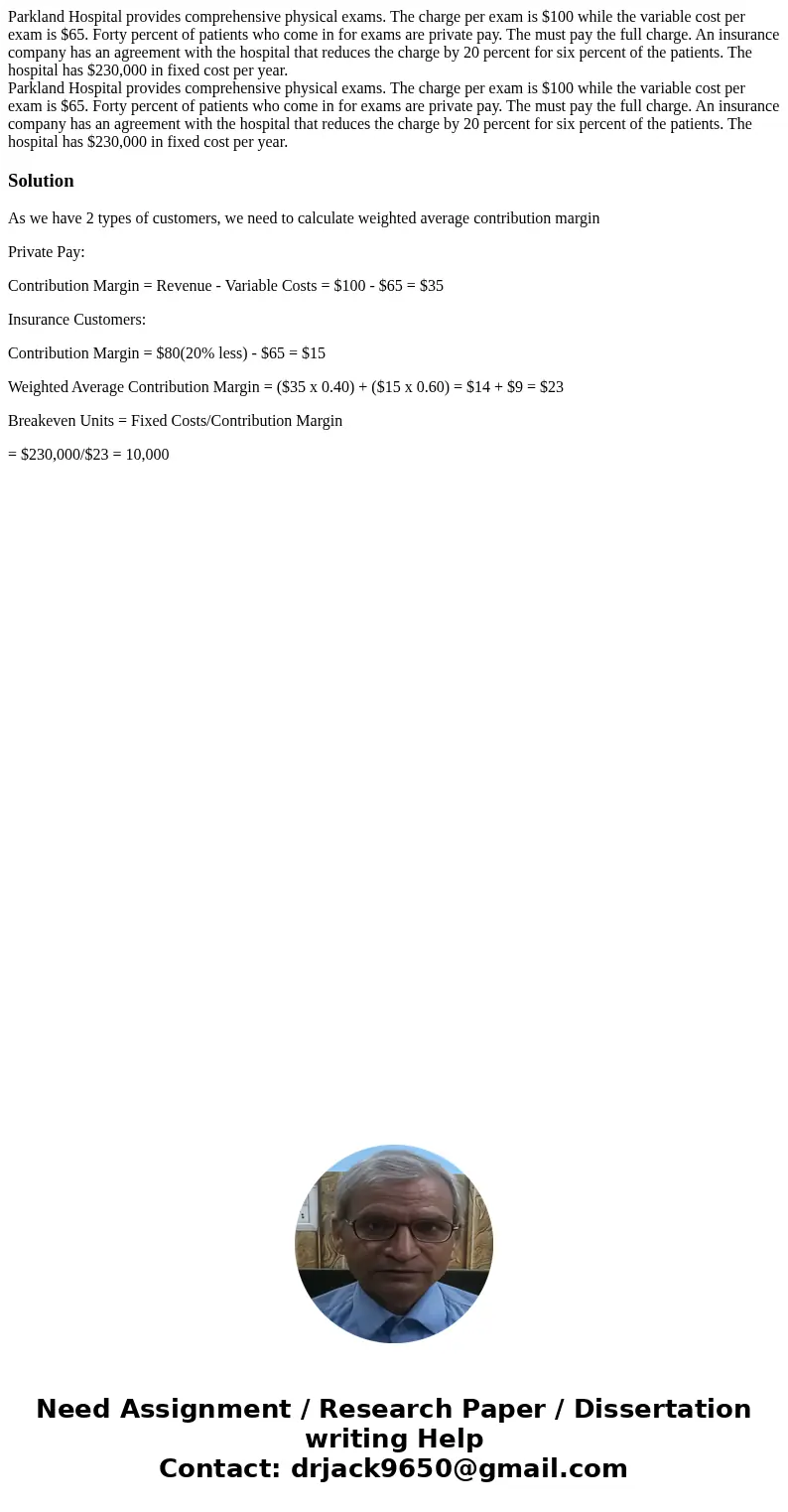 Parkland Hospital provides comprehensive physical exams. The charge per exam is $100 while the variable cost per exam is $65. Forty percent of patients who com  Parkland Hospital provides comprehensive physical exams. The charge per exam is $100 while the variable cost per exam is $65. Forty percent of patients who com