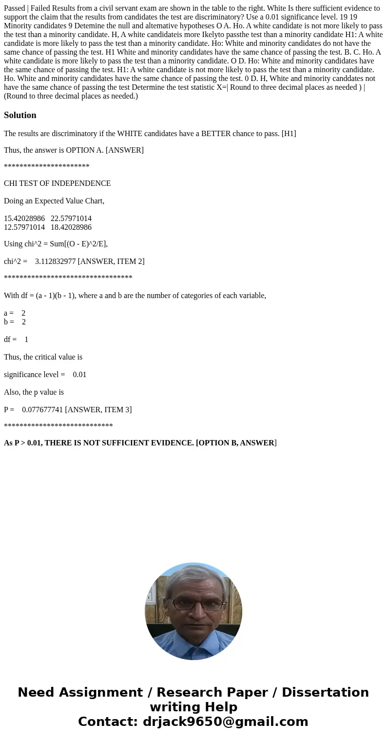 Passed | Failed Results from a civil servant exam are shown in the table to the right. White Is there sufficient evidence to support the claim that the results  Passed | Failed Results from a civil servant exam are shown in the table to the right. White Is there sufficient evidence to support the claim that the results