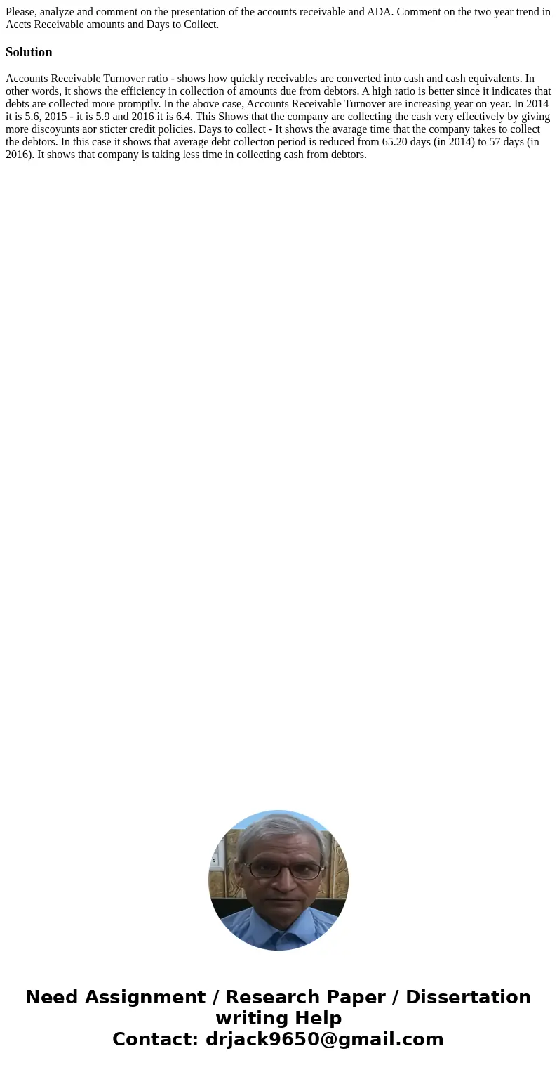 Please, analyze and comment on the presentation of the accounts receivable and ADA. Comment on the two year trend in Accts Receivable amounts and Days to Collec Please, analyze and comment on the presentation of the accounts receivable and ADA. Comment on the two year trend in Accts Receivable amounts and Days to Collec